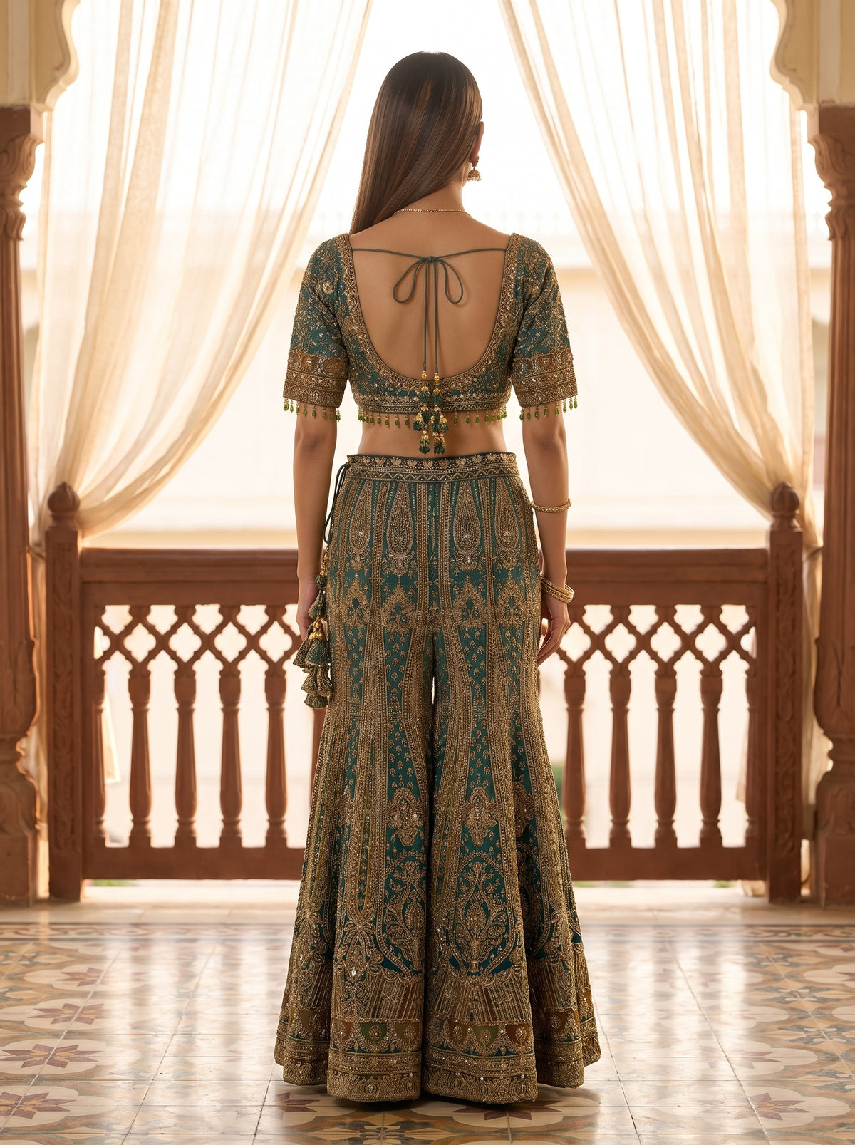 Mint Mirage Green Crepe Readymade Crop Top And Sharara Set With Dupatta - back
