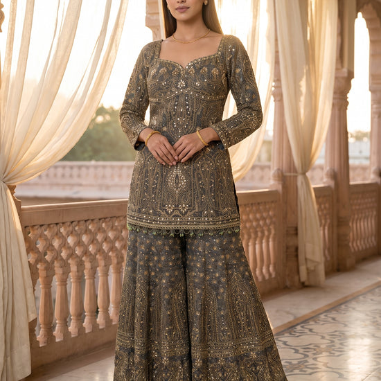 Mehndi Raag Green Crepe Readymade Heavy Embroidered Sharara Set With Dupatta - mood
