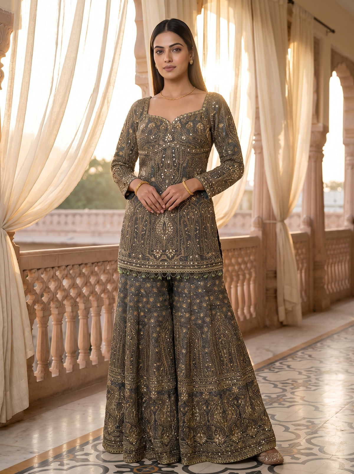 Mehndi Raag Green Crepe Readymade Heavy Embroidered Sharara Set With Dupatta - mood