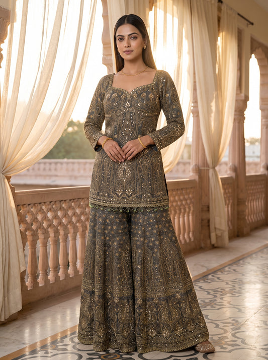 Mehndi Raag Green Crepe Readymade Heavy Embroidered Sharara Set With Dupatta - mood