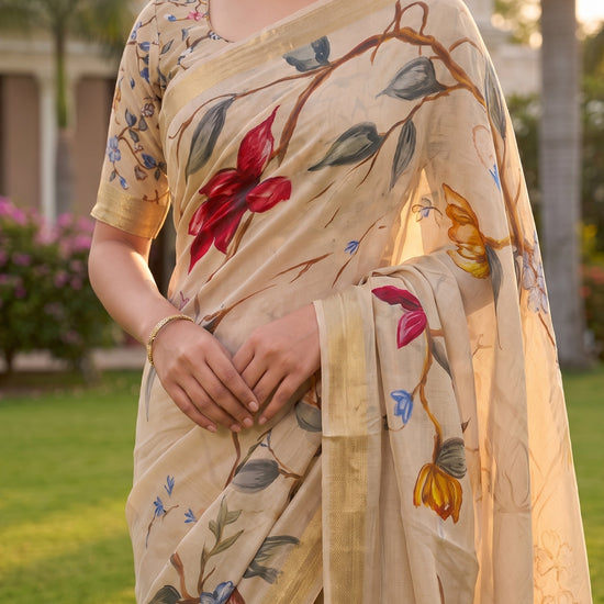 Tusser Chinon Floral Printed Saree - Detail