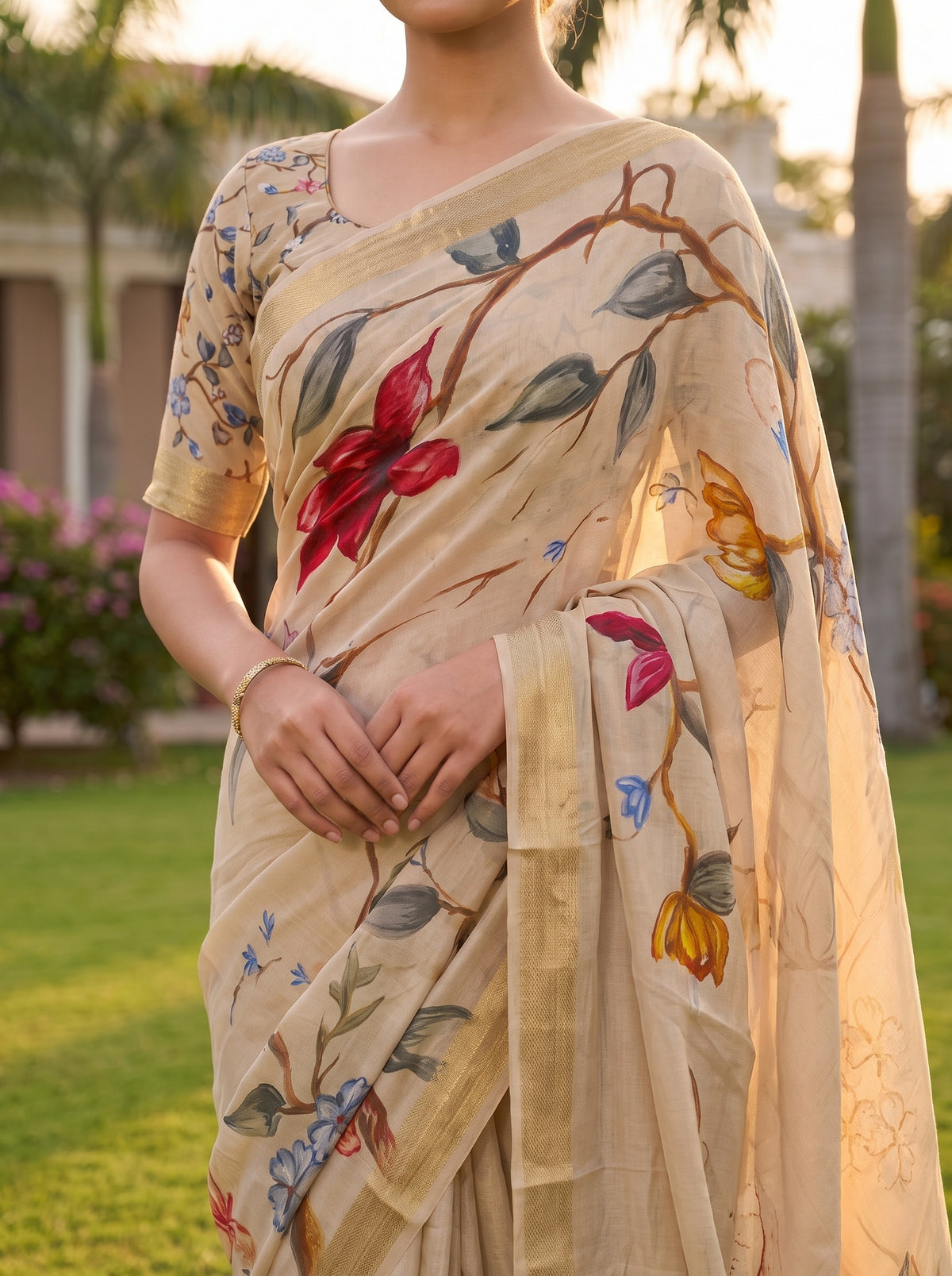 Tusser Chinon Floral Printed Saree - Detail