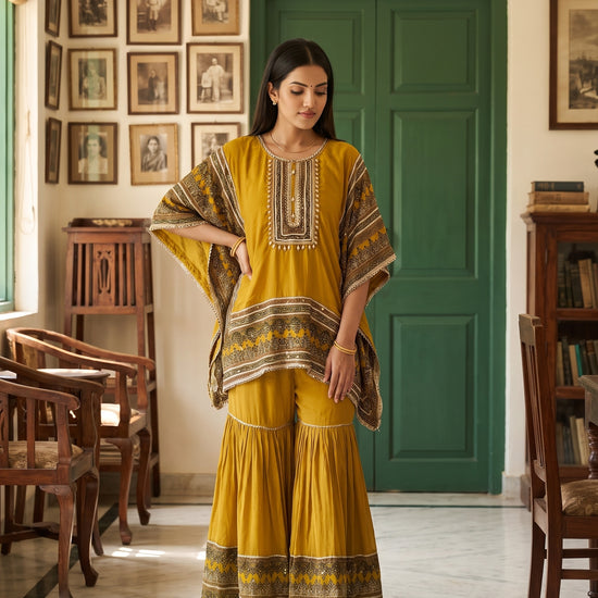 Golden Mehfil Mehndi Crepe Readymade Sharara Set - mood