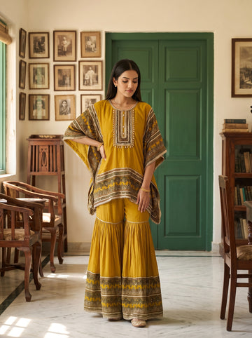 Golden Mehfil Mehndi Crepe Readymade Sharara Set - mood