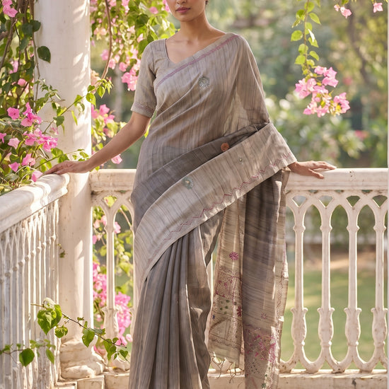 Grey Cotton Thread Work Saree - Mood