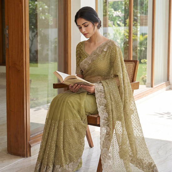 Mehndi Net Saree - Mood