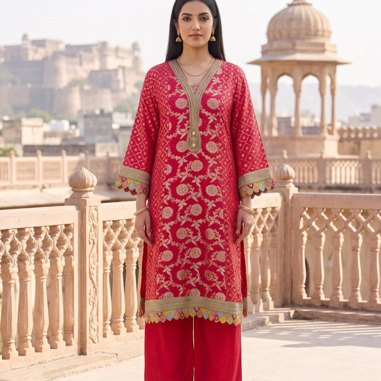 Coral Utsav Loom Readymade Suit And Palazzo With Leheriya Dupatta - mood
