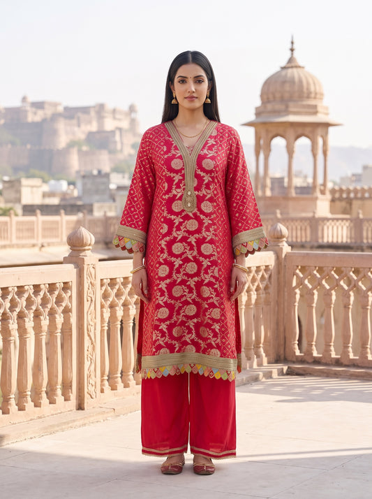 Coral Utsav Loom Readymade Suit And Palazzo With Leheriya Dupatta - mood