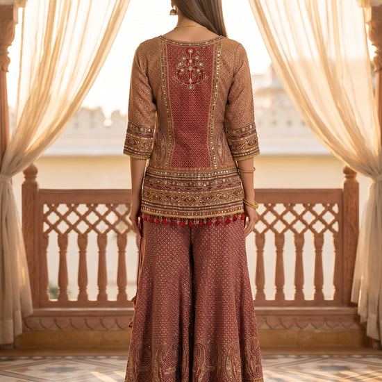Rosewood Regal Maroon Crepe Readymade Embroidered Sharara Set With Red Dupatta - back