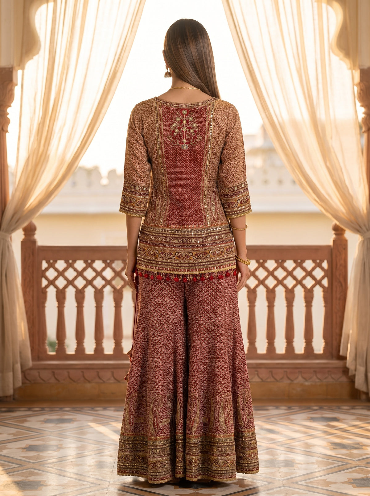 Rosewood Regal Maroon Crepe Readymade Embroidered Sharara Set With Red Dupatta - back
