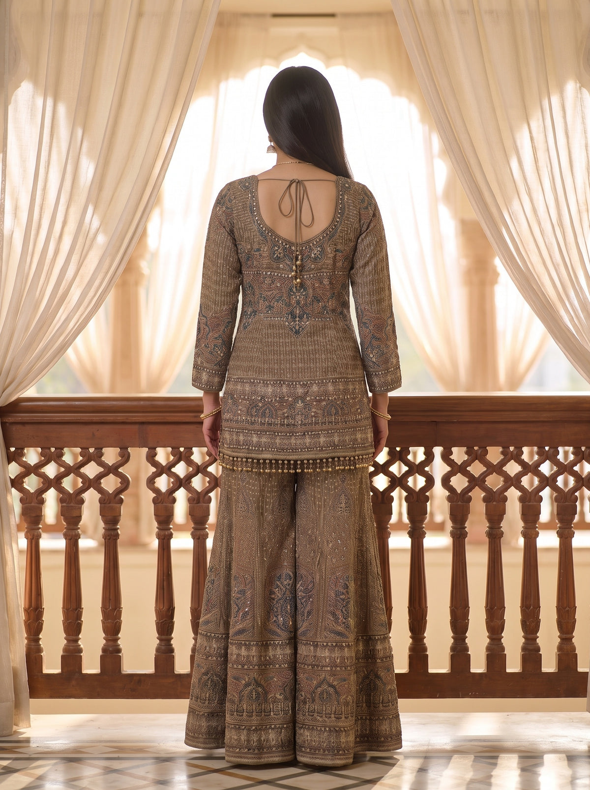 Heirloom Garden Pista Green Crepe Readymade Sharara Set - back
