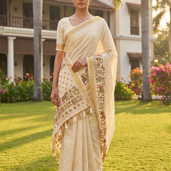 White Cotton Embroidered Saree - Hero