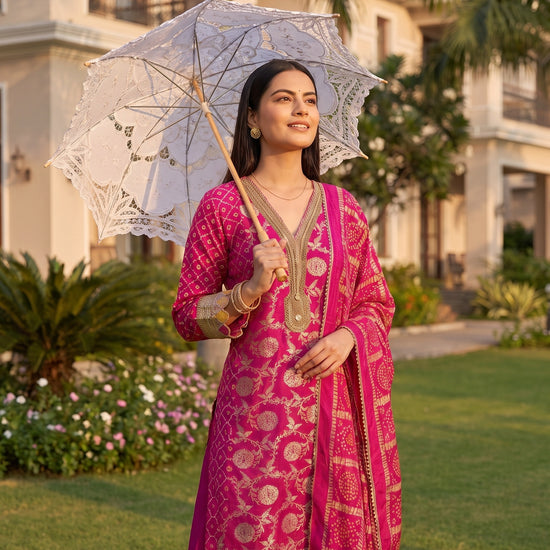 Rani Utsav Pink Loom Readymade Suit And Pant With Matching Dupatta - mood