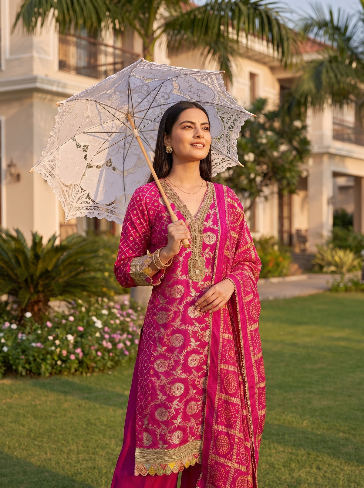 Rani Utsav Pink Loom Readymade Suit And Pant With Matching Dupatta - mood