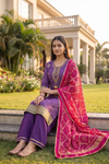 Royal Plum Purple Georgette Readymade Suit And Pant With Rani Pink Dupatta - hero