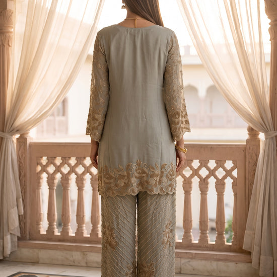 Sage Glow Olive Shimmer Readymade Kurta And Pant Set With Tissue Dupatta - back