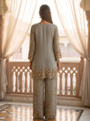 Sage Glow Olive Shimmer Readymade Kurta And Pant Set With Tissue Dupatta - back