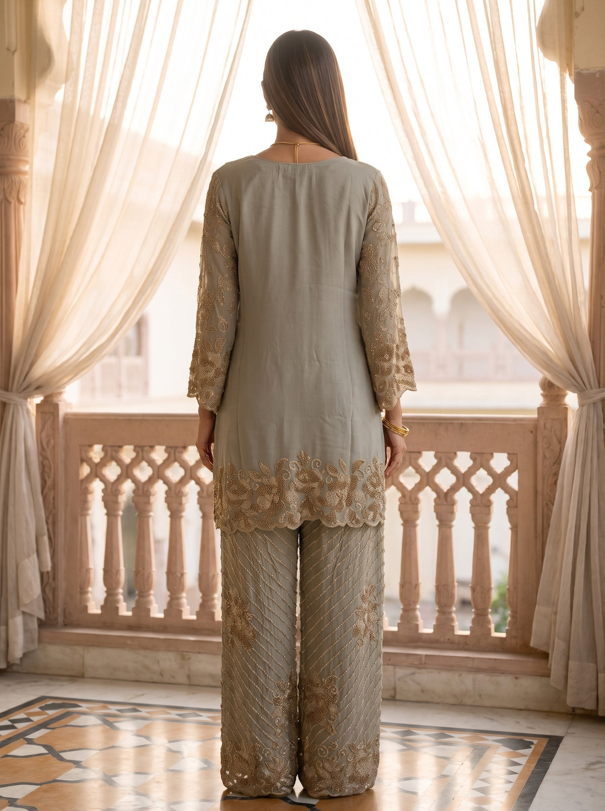Sage Glow Olive Shimmer Readymade Kurta And Pant Set With Tissue Dupatta - back
