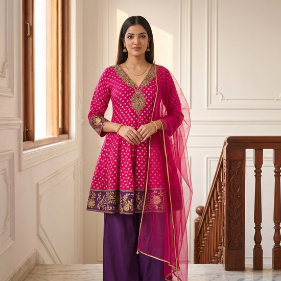 Magenta Mela Rani Chinon Readymade Peplum Suit And Palazzo With Net Dupatta - hero