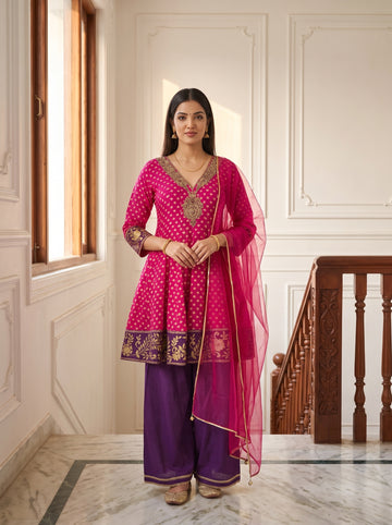Magenta Mela Rani Chinon Readymade Peplum Suit And Palazzo With Net Dupatta - hero