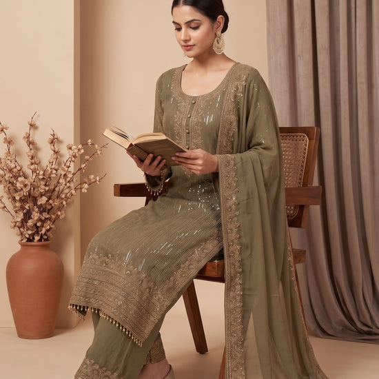 Gilded Sage Metallic Grey Georgette Readymade Kurta And Pant Set With Dupatta - mood