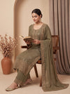 Gilded Sage Metallic Grey Georgette Readymade Kurta And Pant Set With Dupatta - mood