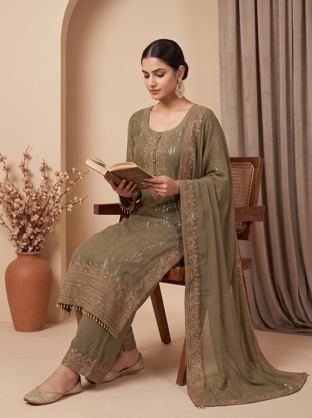 Gilded Sage Metallic Grey Georgette Readymade Kurta And Pant Set With Dupatta - mood