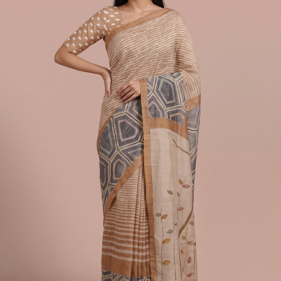 Tusser Off White Cotton Embroidered Saree - Hero