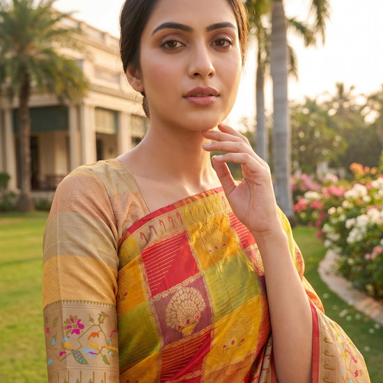 Mustard Organza Zari Saree - Close Up