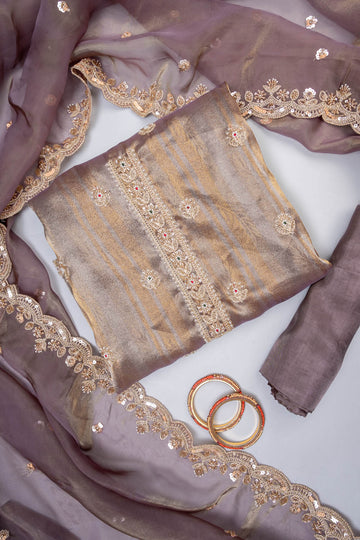 Draped in elegance Metallic Grey Organza Unstitched Salwar Suit With Organza Dupatta