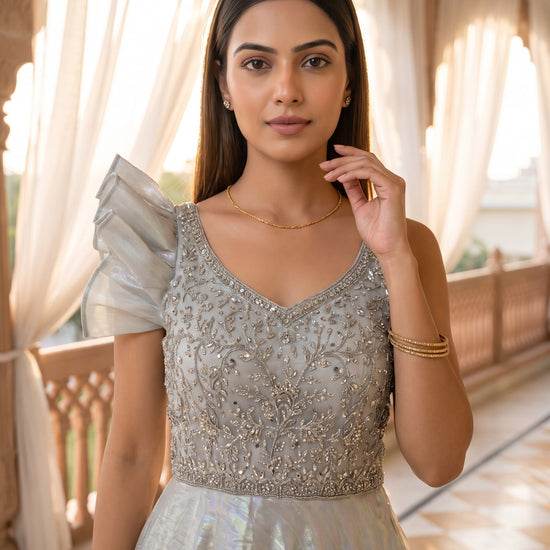 Mint Whisper Pista Lycra Readymade Anarkali Gown With Net Dupatta - closeup