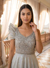 Mint Whisper Pista Lycra Readymade Anarkali Gown With Net Dupatta - closeup