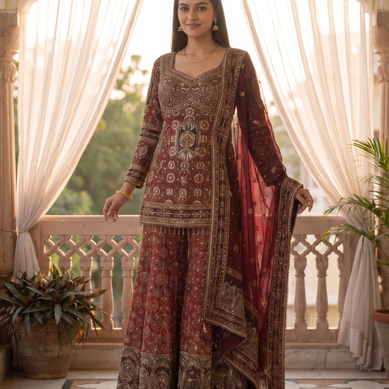 Maharani Maroon Crepe Readymade Heavy Embroidered Sharara Set With Net Dupatta - mood