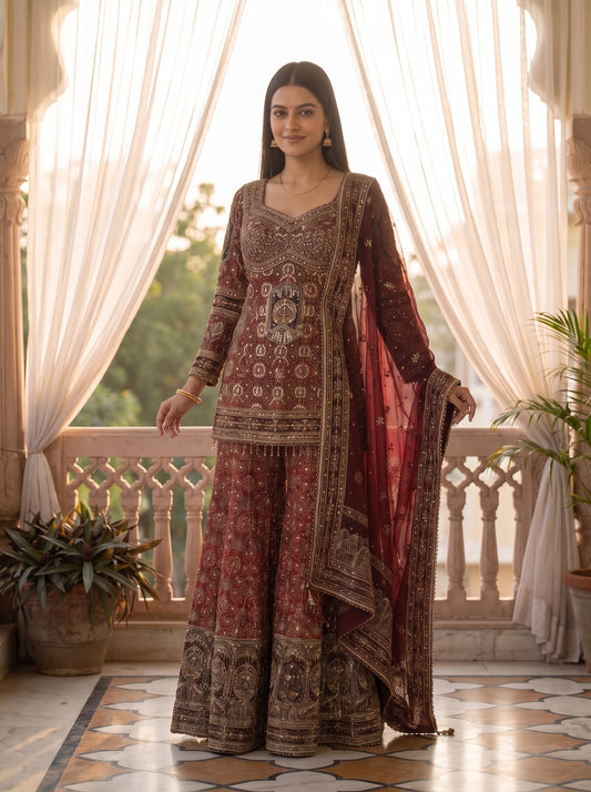 Maharani Maroon Crepe Readymade Heavy Embroidered Sharara Set With Net Dupatta - mood