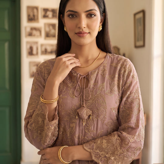 Rose Shimmer Gajari Readymade Kurta Set - closeup