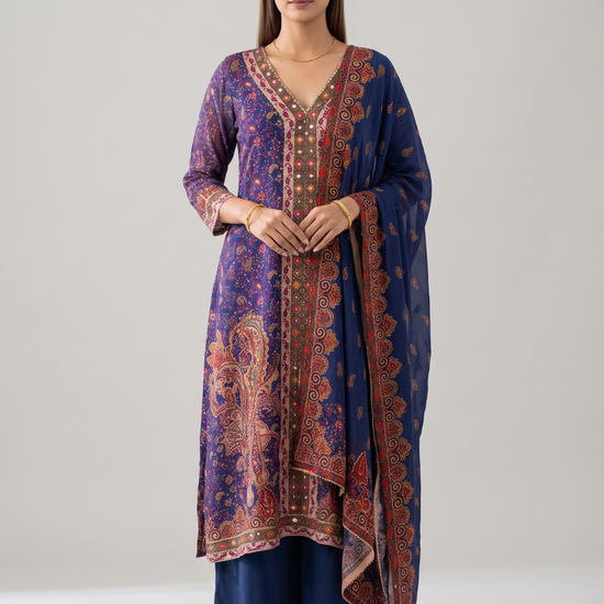 Royal Paisley Navy Crepe Readymade Suit And Pant With Printed Dupatta - hero