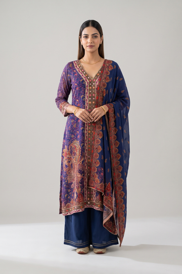 Royal Paisley Navy Crepe Readymade Suit And Pant With Printed Dupatta - hero