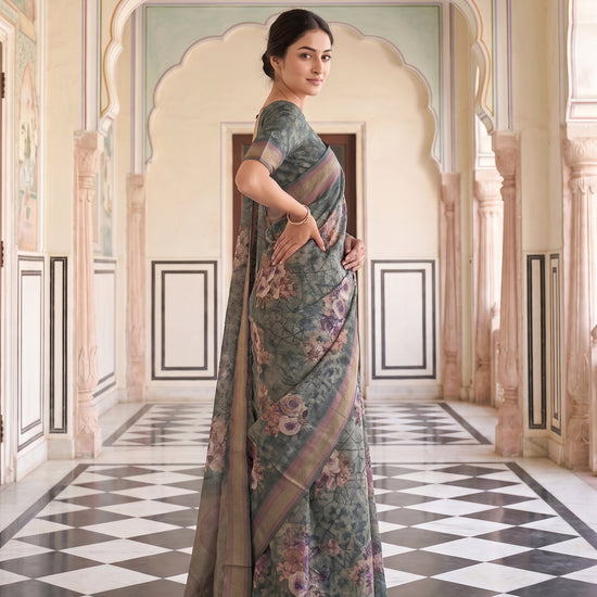 Mint Green Organza Floral Printed Saree - Side