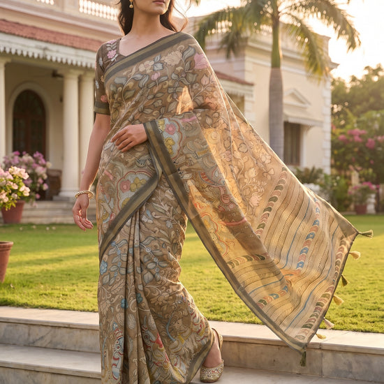Pista Tussar Cotton Floral Printed Saree - Mood