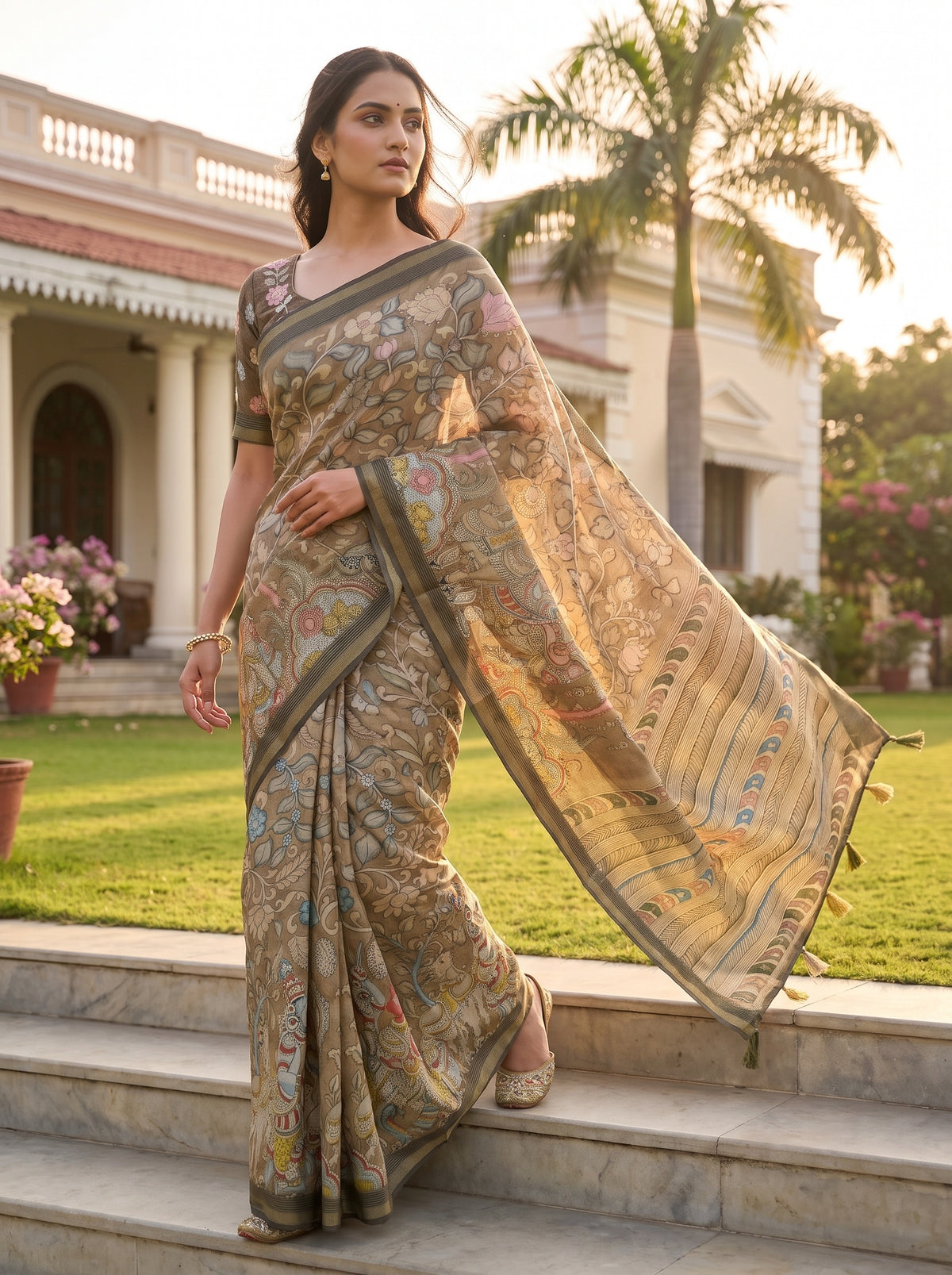 Pista Tussar Cotton Floral Printed Saree - Mood