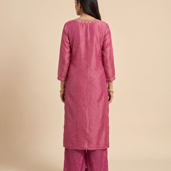 Rose Brocade Dark Gajari Shimmer Readymade Suit And Palazzo With Dupatta - back