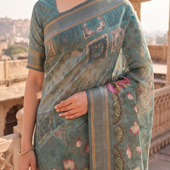 Mint Green Organza Floral Printed Saree - Detail