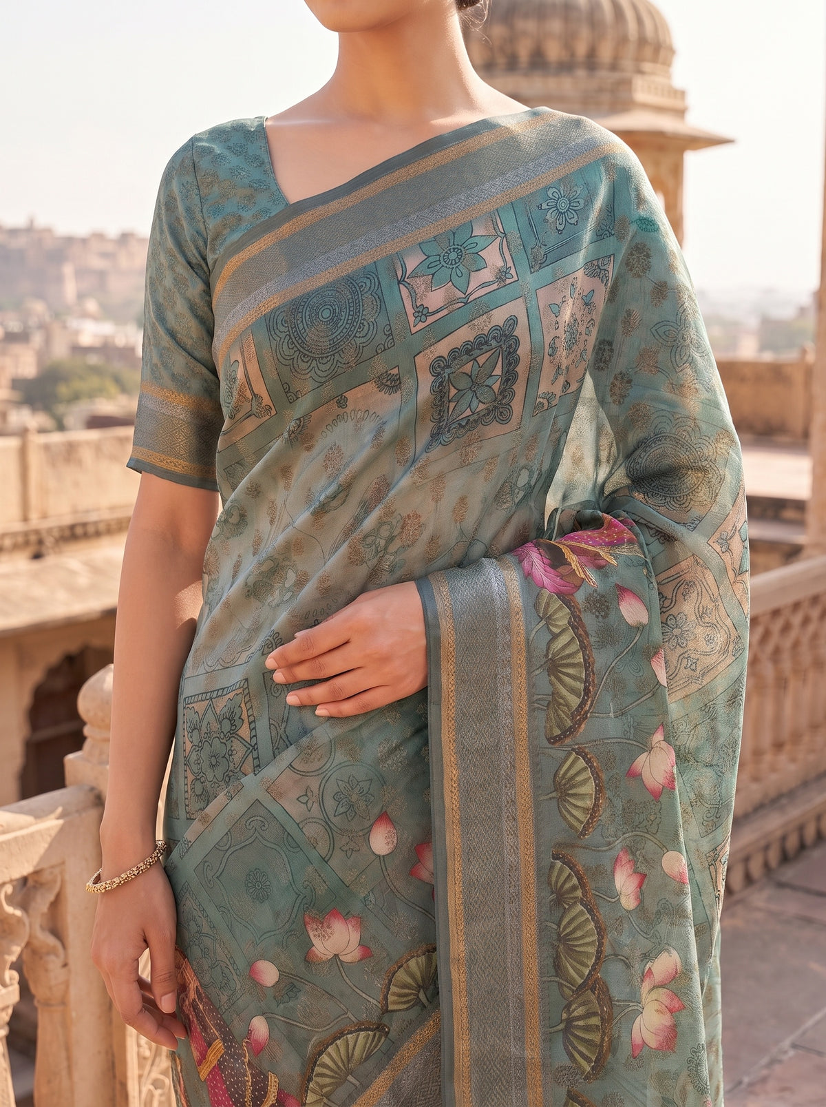 Mint Green Organza Floral Printed Saree - Detail