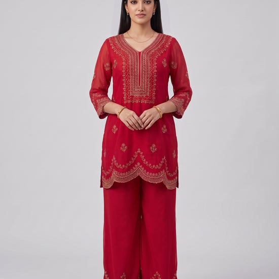 Scalloped Grace Maroon Cotton Readymade Suit And Palazzo With Dupatta - mood