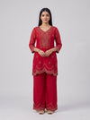 Scalloped Grace Maroon Cotton Readymade Suit And Palazzo With Dupatta - mood