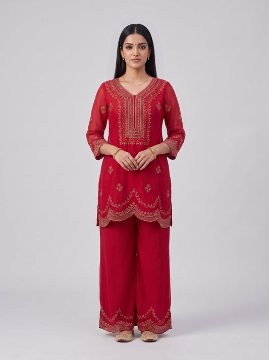 Scalloped Grace Maroon Cotton Readymade Suit And Palazzo With Dupatta - mood