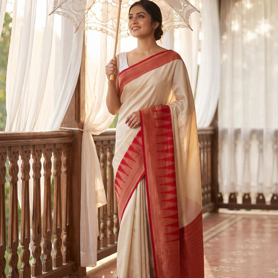 Off White Maroon Loom Saree - Mood