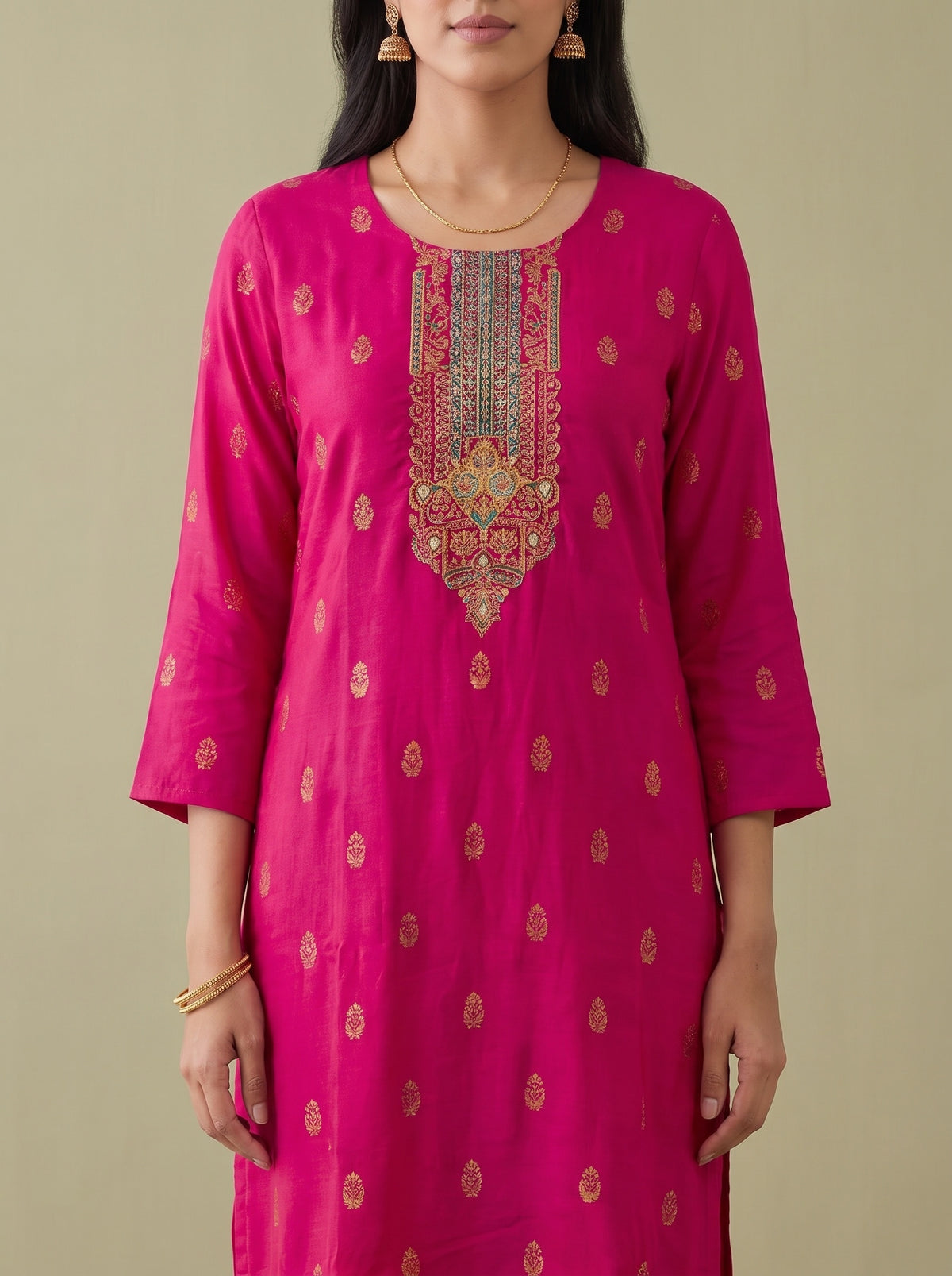 Rani Bahaar Pink Crepe Readymade Suit And Pant With Crepe Dupatta - closeup