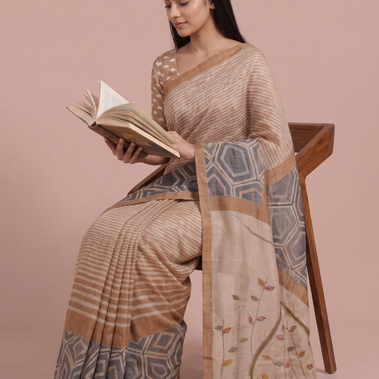 Tusser Off White Cotton Embroidered Saree - Mood