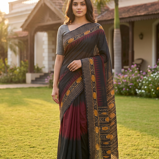 Black Maroon Cotton Zari Saree - Hero